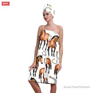 Spa Bath Towel Wrap Set with Hair Turban White Brown Equestrian Horse Pattern